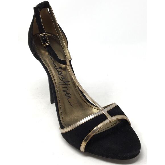 Lanvin Shoes - Lanvin Paris Women's Size 10/41 Black Suede Metallic Gold Leather T-Strap Heels